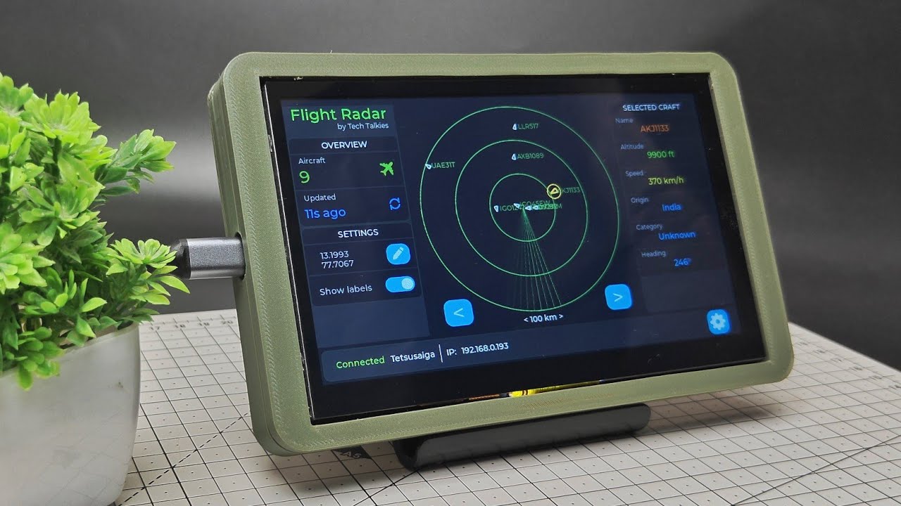 ESP32 S3 powered 7-inch touchscreen flight radar display showing live aircraft tracking